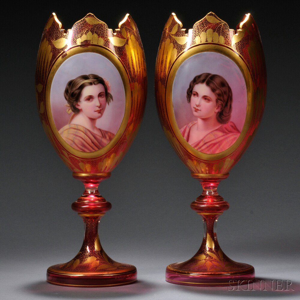 Appraisal: Pair of Bohemian Cranberry Glass Portrait Vases th century each