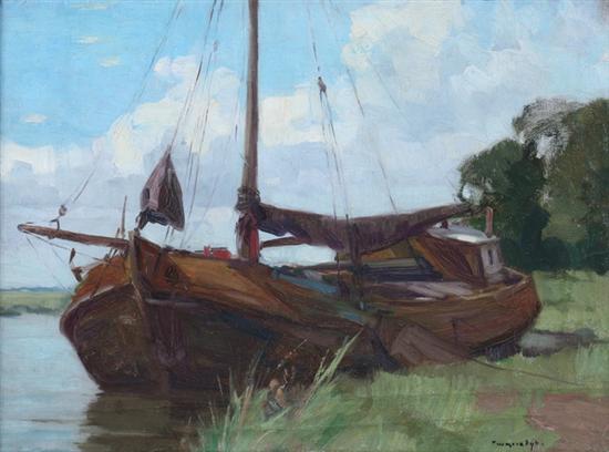 Appraisal: CONTINENTAL SCHOOL th century SAILBOAT ON SHORE signed illegibly lower