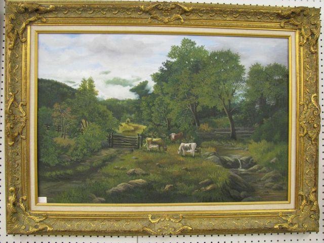 Appraisal: Gary Duda Oil on Canvas landscape with cows along the