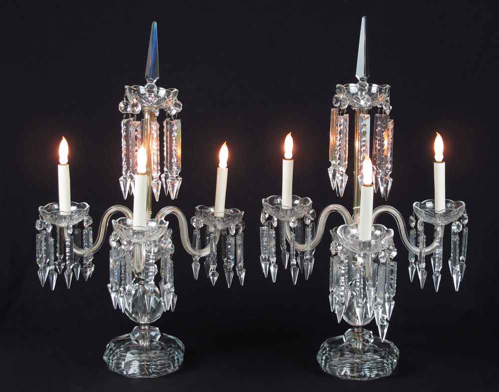 Appraisal: PAIR CRYSTAL TABLE TOP CHANDELIER CANDELABRA LAMPS Three curved arm