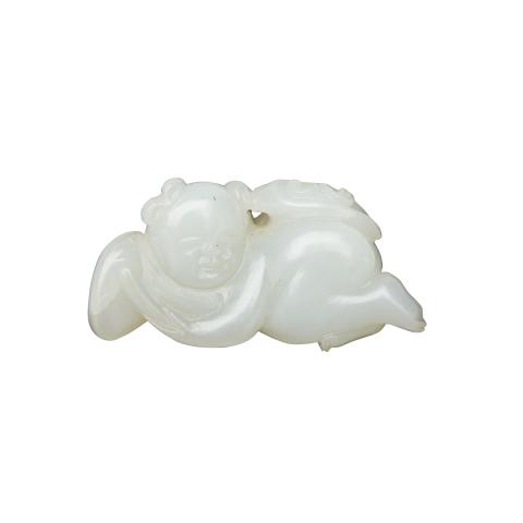 Appraisal: White Jade Boy and Fungus Group th Century The translucent