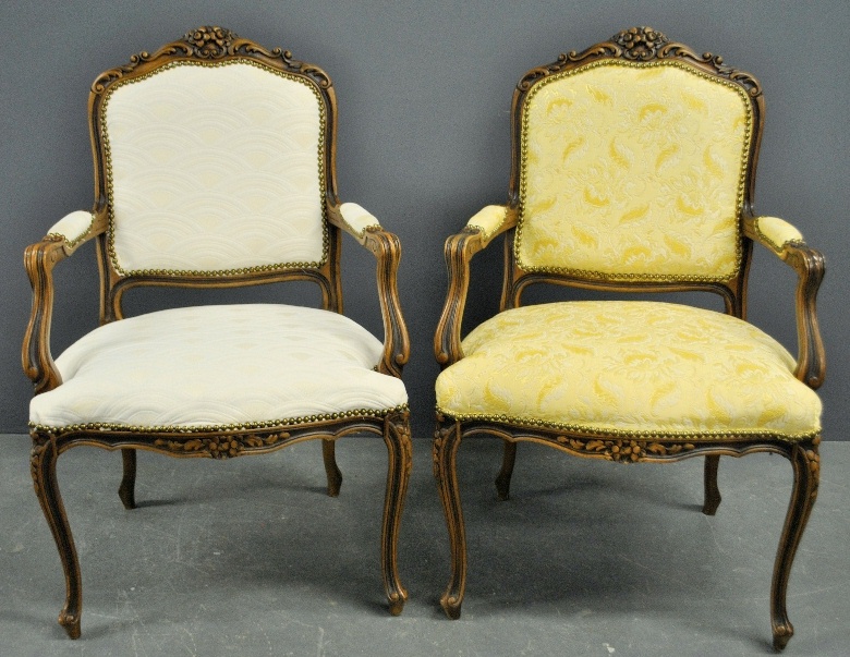 Appraisal: - Pair of French fruitwood fauteuils h x w x