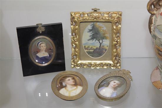 Appraisal: FOUR MINIATURE PAINTINGS Framed landscape on ivory ''w ''h Framed