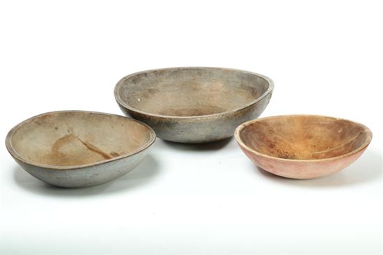 Appraisal: THREE PAINTED BOWLS American th century maple Includes black-grey ''d