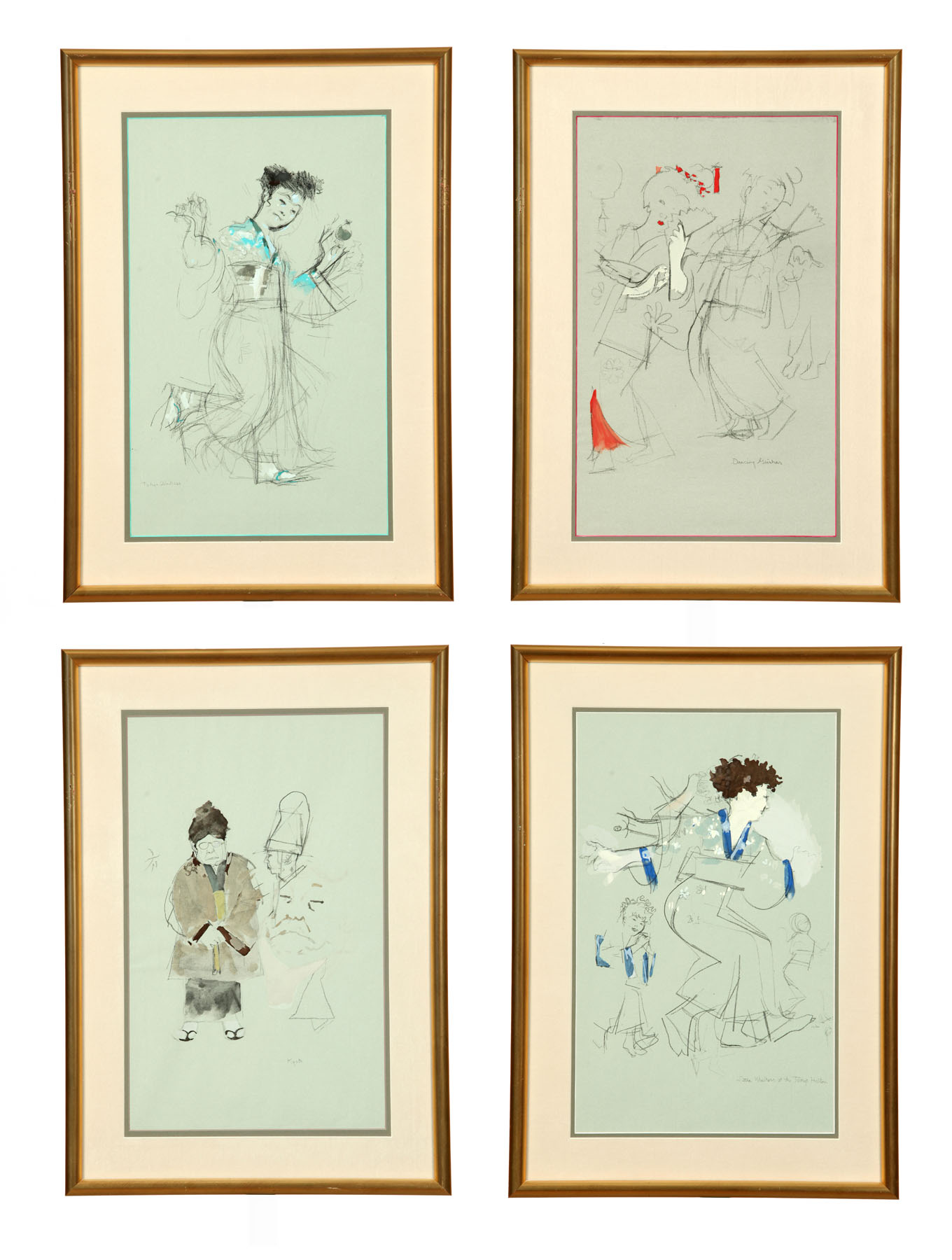 Appraisal: FOUR DRAWINGS OF JAPANESE FIGURES Mixed media on blue paper