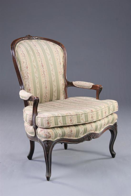 Appraisal: LOUIS XV STYLE FAUTEUIL th century walnut Upholstered in silk