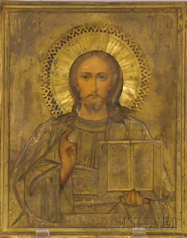 Appraisal: Russian Printed Icon of Christ with Brass Riza