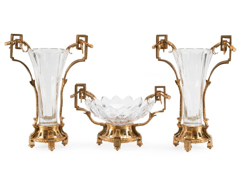 Appraisal: Louis XV-Style Bronze and Crystal Three-Piece Garniture Greek key handles