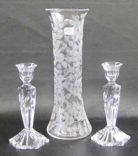 Appraisal: HAWKES CUT GLASS VASE AND A PAIR CANDLESTICKS pieces The