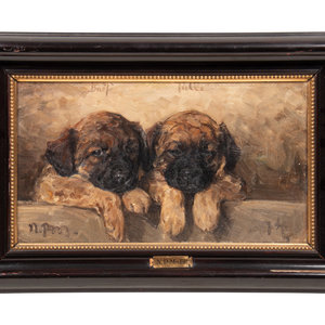 Appraisal: Niels Pedersen Mols Danish Two Puppies oil on canvas signed