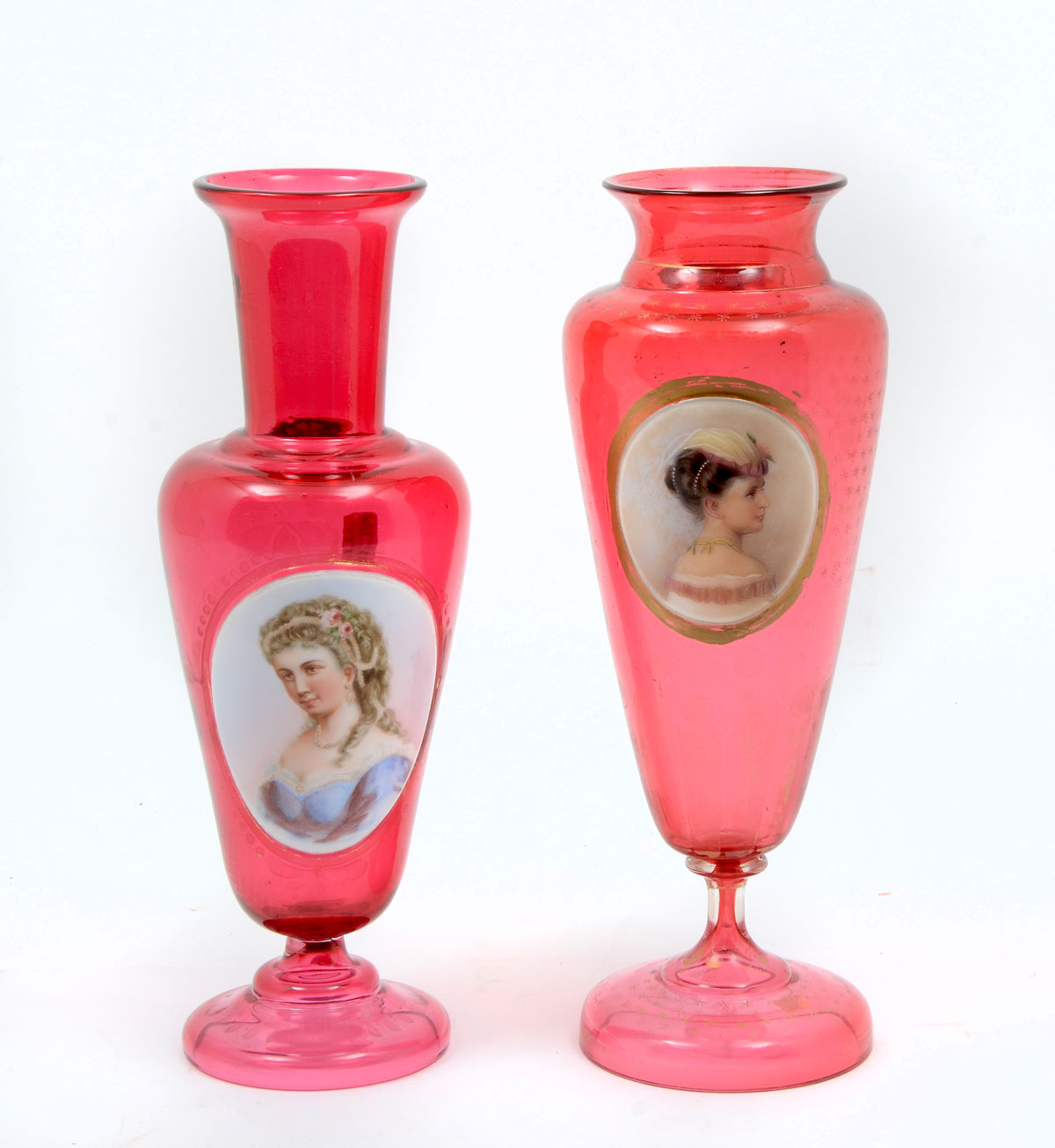 Appraisal: MOSER CRANBERRY PORTRAIT VASES Cranberry glass Moser vases having hand-painted