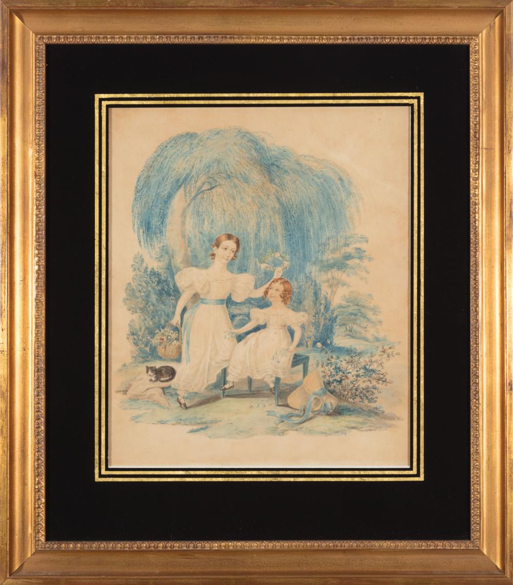 Appraisal: American School Two Sisters under a Willow Tree watercolor on