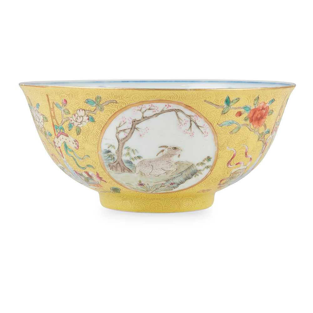 Appraisal: FAMILLE ROSE YELLOW-GROUND SGRAFFIATO 'GOAT' BOWL GUANGXU MARK TH CENTURY