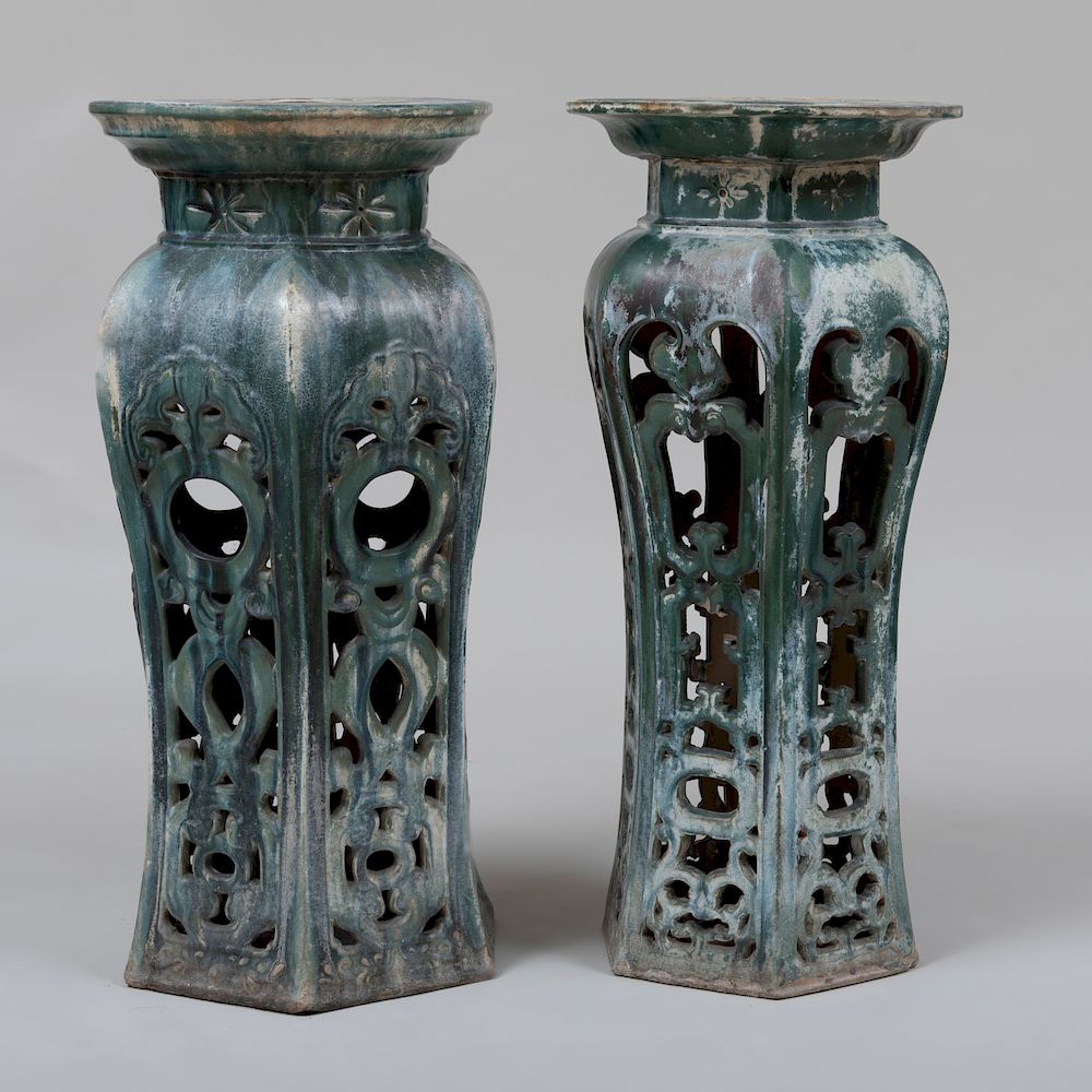 Appraisal: Near Pair of Chinese Glazed Pottery Pedestals x in The