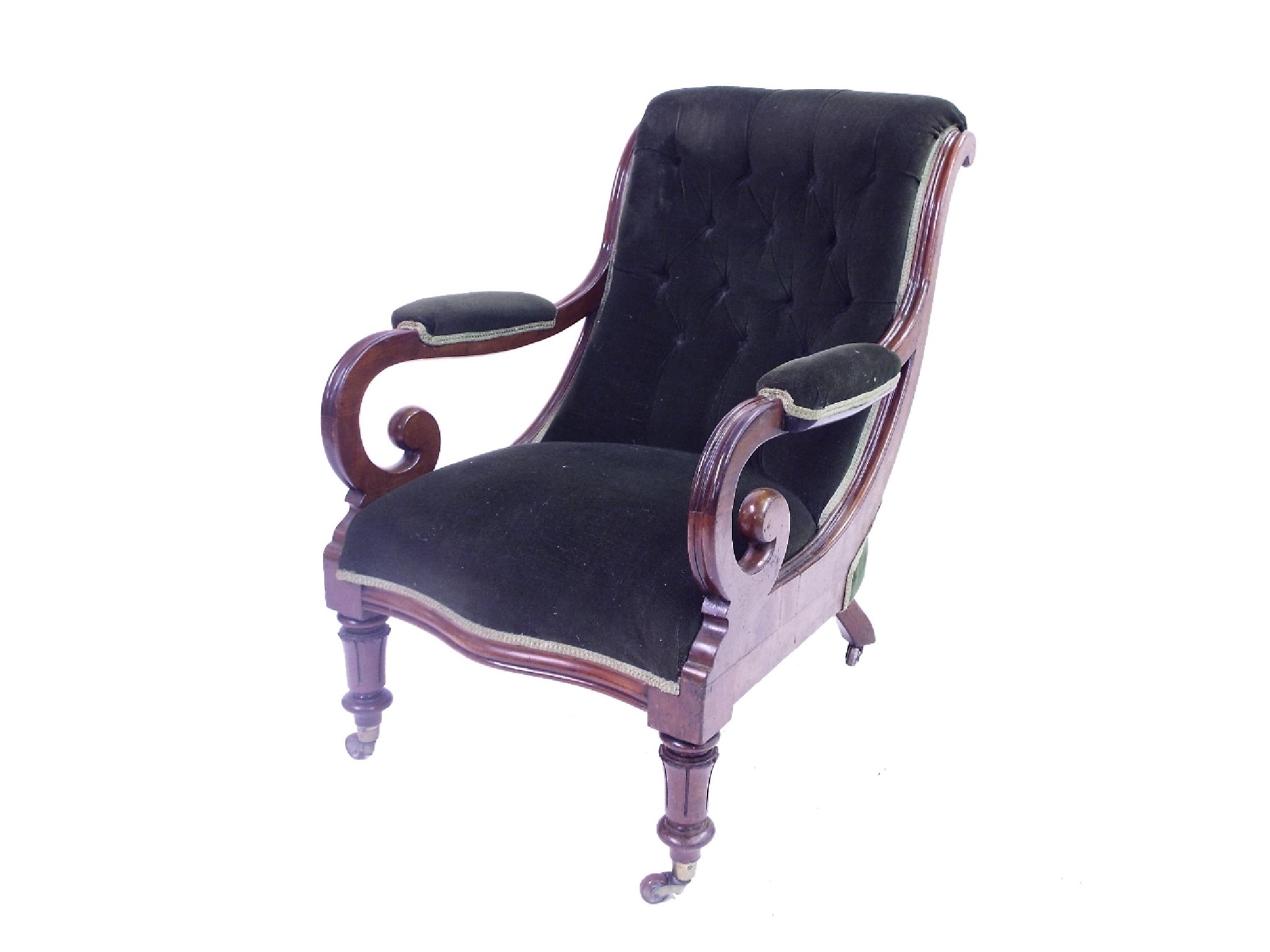 Appraisal: Victorian mahogany framed library chair with button-back green velour upholstery