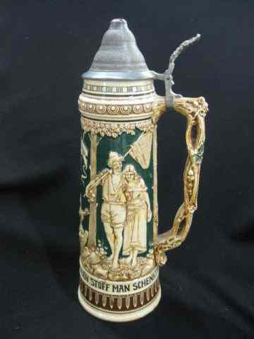 Appraisal: German Pottery Stein bas-relief scene withcourting couple '' tall pewter