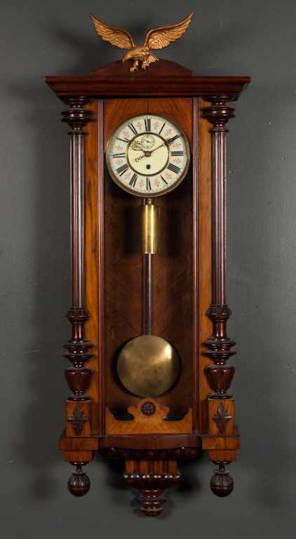 Appraisal: Vienna walnut and glass panel regulator wall clock A W