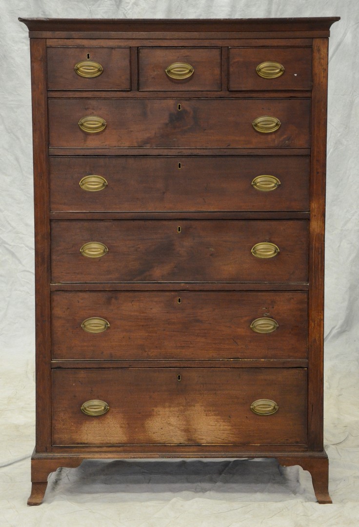 Appraisal: Walnut Hepplewhite over tall chest beaded drawers replaced brasses line