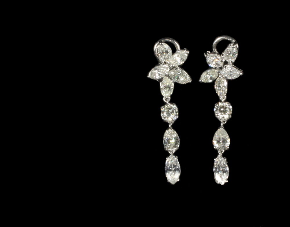 Appraisal: EARRINGS - Platinum and Diamond Floral Design Drop Earrings set