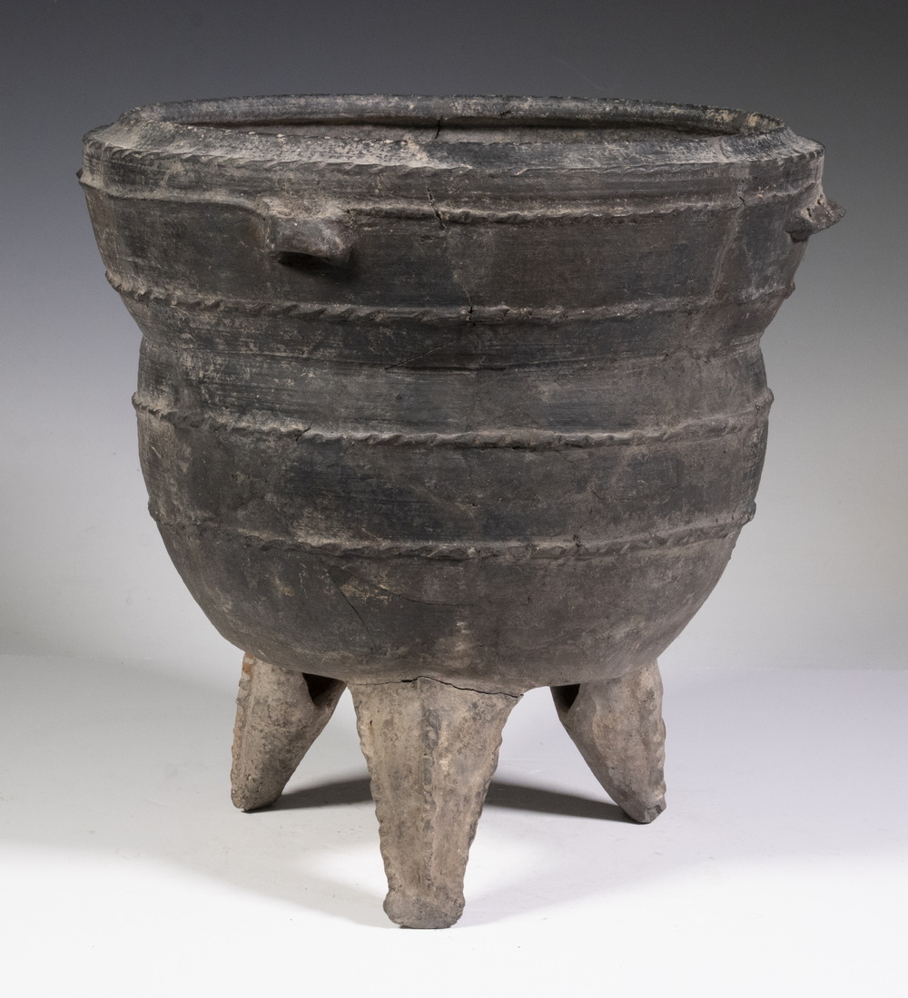 Appraisal: CHINESE NEOLITHIC BLACKENED GREY CLAY LARGE GUI THREE FOOTED POT