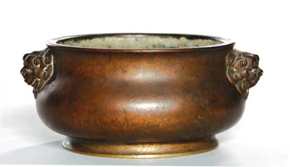 Appraisal: ANTIQUE CHINESE BRONZE CENSER Antique Chinese bronze footed censer of