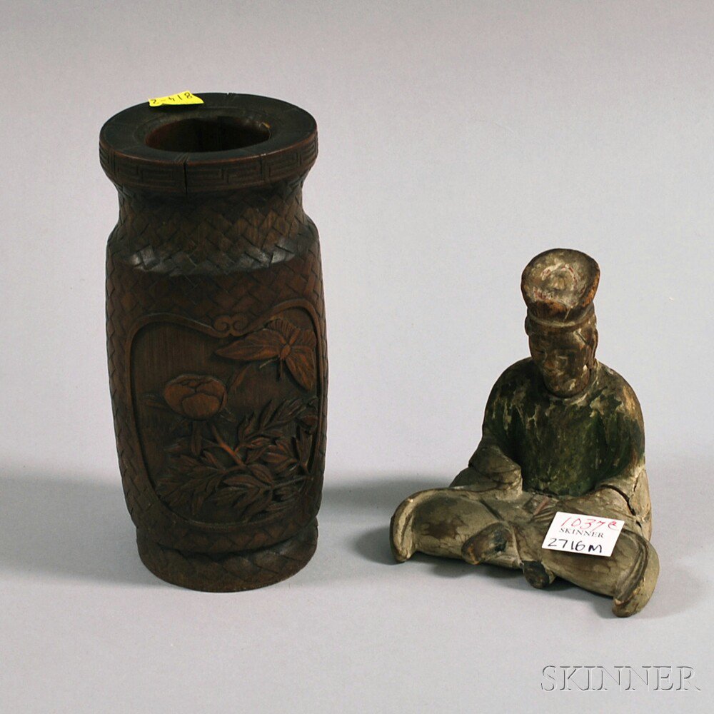 Appraisal: Wooden Figure and Bamboo Vase Japan th century seated figure