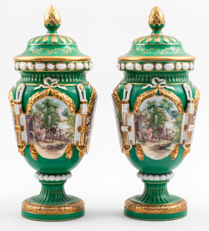 Appraisal: NEOCLASSICAL HAND PAINTED PORCELAIN VASES PAIR Pair of Neoclassical ceramic