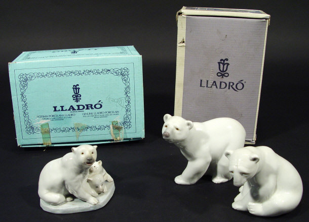 Appraisal: Three Lladro porcelain polar bears with hand painted decoration printed