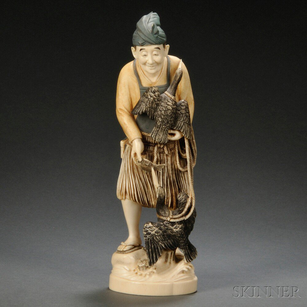 Appraisal: Ivory Okimono of a Goose Seller Japan th century feeding