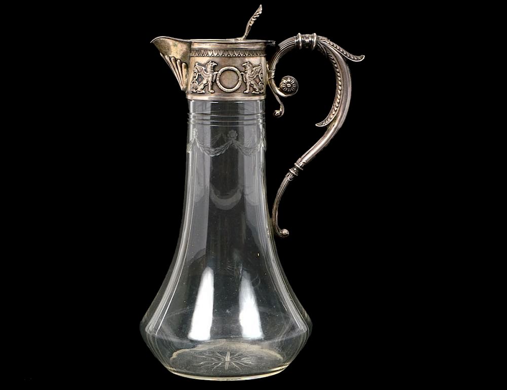 Appraisal: RUSSIAN SILVER MOUNTED GLASS CLARET JUG Hallmarked twice Second Kokoshnik