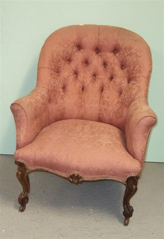 Appraisal: Victorian button backed armchair with pink upholstery on carved cabriole