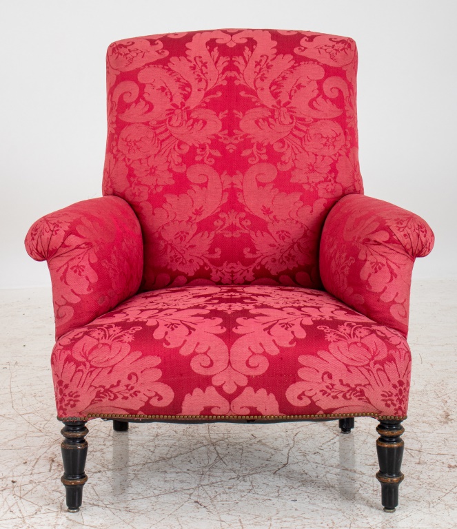 Appraisal: GILDED AGE STYLE RED DAMASK UPHOLSTERED ARMCHAIR Gilded Age style