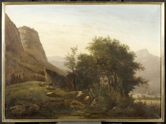 Appraisal: SWITZERLAND th c Landscape with mountains and three goats Oil