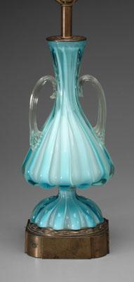 Appraisal: Murano glass lamp blue glass stylized urn brass plated mounts