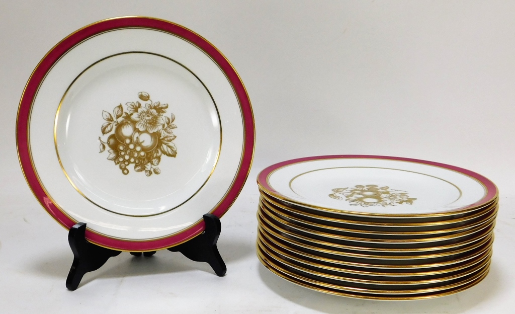 Appraisal: SPODE TIFFANY CO RASPBERRY BORDER GILT PLATES England th CenturyLot