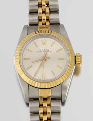 Appraisal: A Rolex Ladies' Two-Tone Oyster Perpetual Watch Stainless steel and