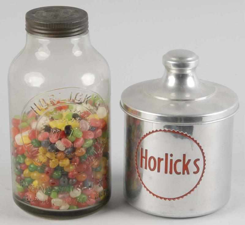 Appraisal: Lot of Horlick's Containers Description The glass canister is nicely