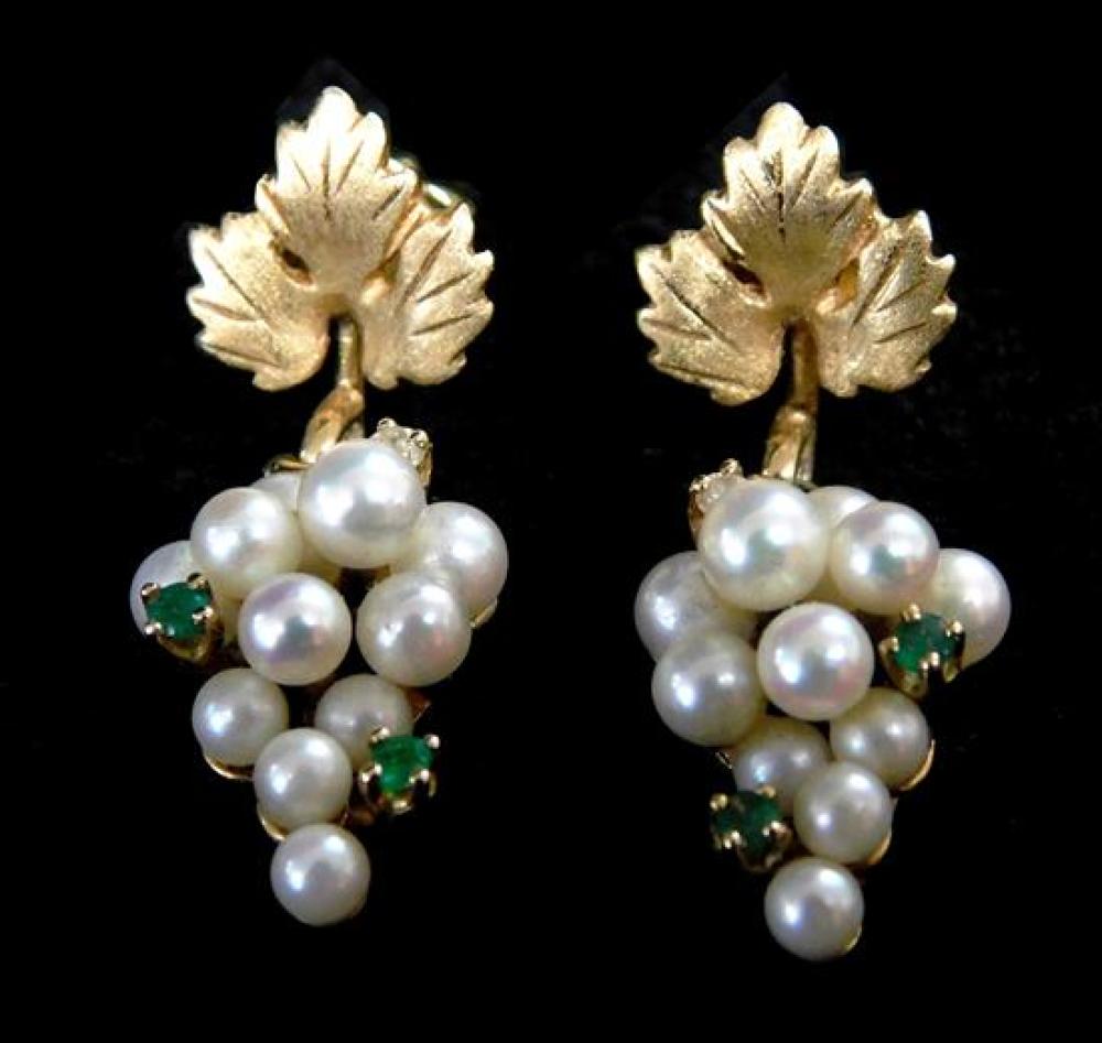 Appraisal: JEWELRY Pair of K pearl and emerald earrings tested K