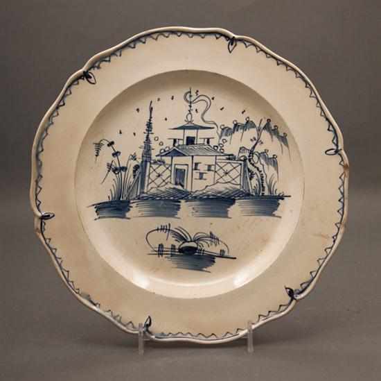 Appraisal: Staffordshire chinoiserie blue and white decorated creamware plate probably Leeds