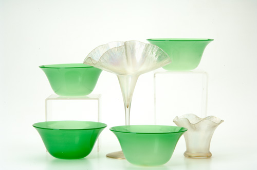 Appraisal: STEUBEN Six items two Verre-de-Soie floriform vases and four jade