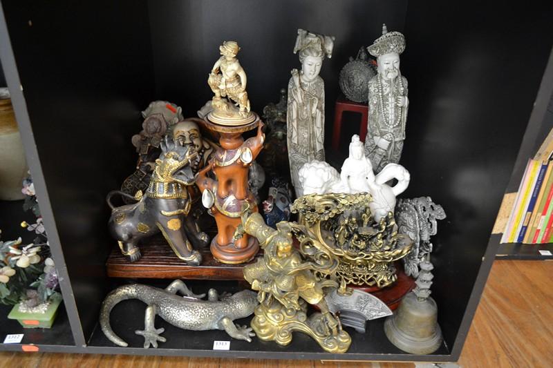 Appraisal: SHELF OF DECORATIVE ORIENTAL ITEMS INCL FO DOG RESIN BUDDHA