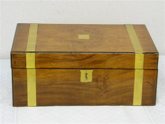 Appraisal: Walnut and brass bound writing slope with pen tray ink