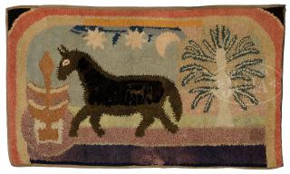 Appraisal: GOOD AMERICAN FOLK ART HOOKED RUG OF HORSE IN LANDSCAPE