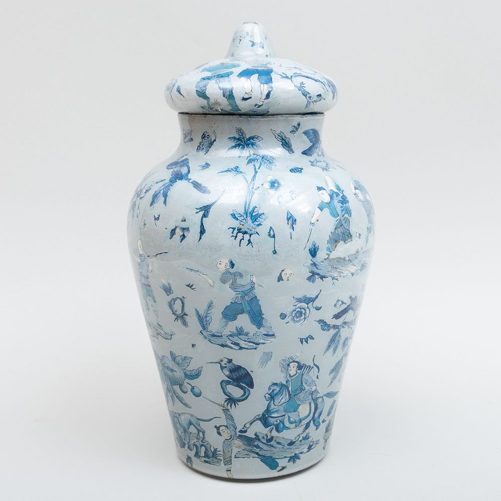 Appraisal: Large Continental Pale Blue Ground Decalcomania Jar and Cover x