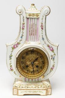 Appraisal: Boudoir clock hand-painted porcelain lyre-form Louis XVI-style circa the works