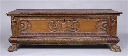 Appraisal: ITALIAN RENAISSANCE CARVED WALNUT CASSONE The rectangular hinged top above