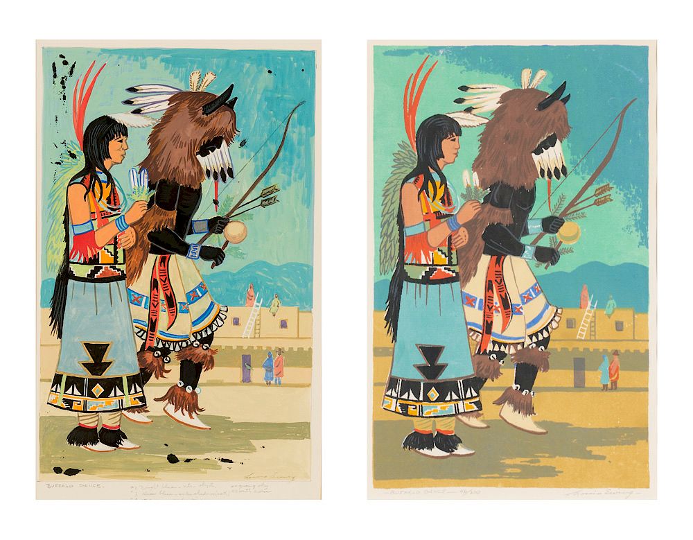 Appraisal: Louie Ewing - Buffalo Dance Gouache and Serigraph Pair Louie