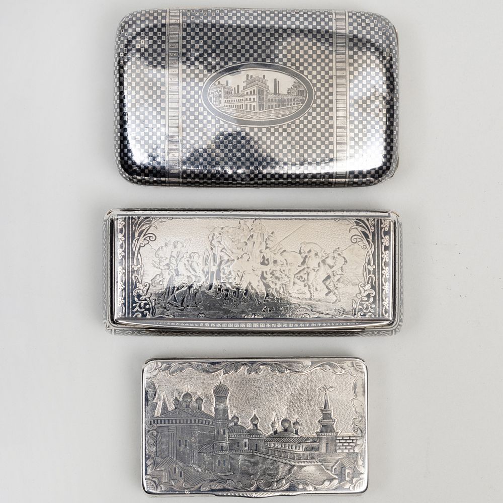 Appraisal: Russian Silver Niello Silver Snuff Box and Two Contiental Niello