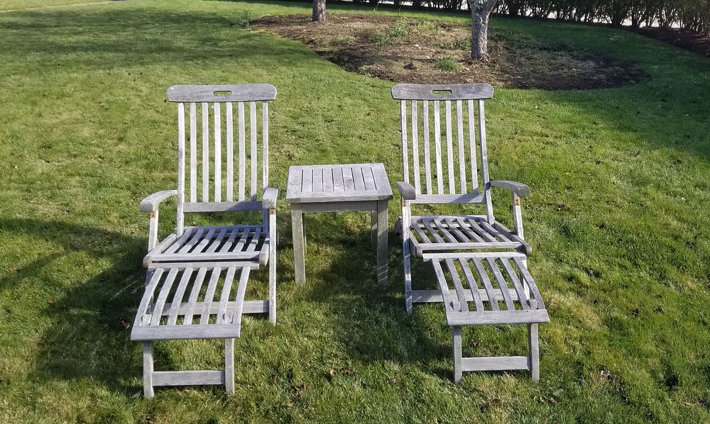 Appraisal: Pair of GL-Line Folding Teak Chaise Lounge and Cocktail Table