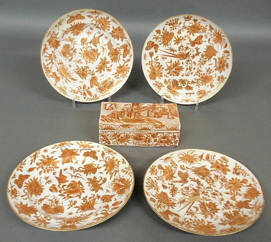 Appraisal: - Group of Chinese orange and white porcelain- brush box